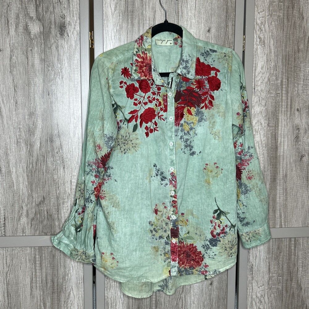 Vintage Goa Top Button Down Embroidered Floral Boho